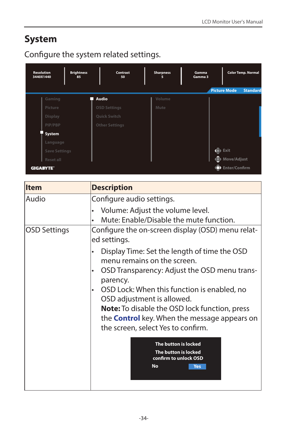 System, Configure the system related settings | GIGABYTE G34WQC 34" 21:9 VA Curved Gaming Monitor User Manual | Page 34 / 41