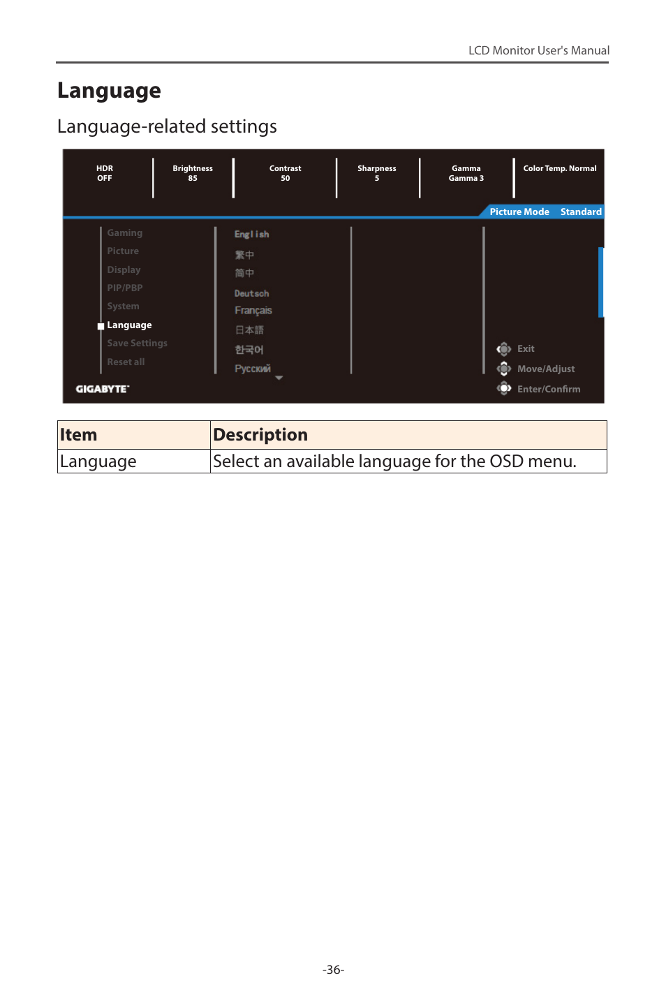 Language, Language-related settings | GIGABYTE G34WQC 34" 21:9 VA Curved Gaming Monitor User Manual | Page 36 / 41