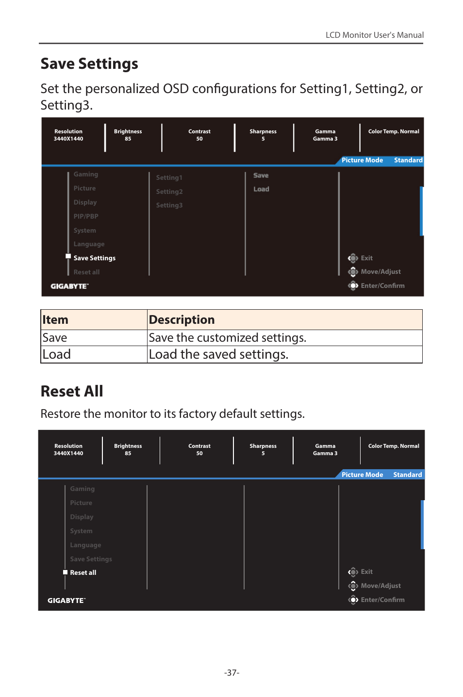 Save settings, Reset all, Load load the saved settings | Item description save save the customized settings | GIGABYTE G34WQC 34" 21:9 VA Curved Gaming Monitor User Manual | Page 37 / 41