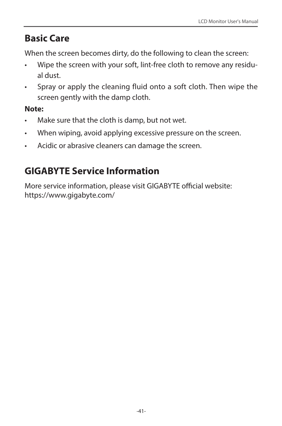 Basic care, Gigabyte service information | GIGABYTE G34WQC 34" 21:9 VA Curved Gaming Monitor User Manual | Page 41 / 41