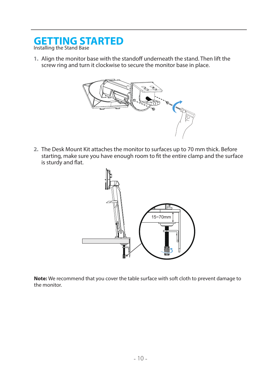 Getting_started, Installing_the_monitor_base, Bookmark5 | Getting started, Installing the stand base | GIGABYTE 31.5" M32U 4K HDR 144 Hz Arm Edition Gaming Monitor User Manual | Page 11 / 57