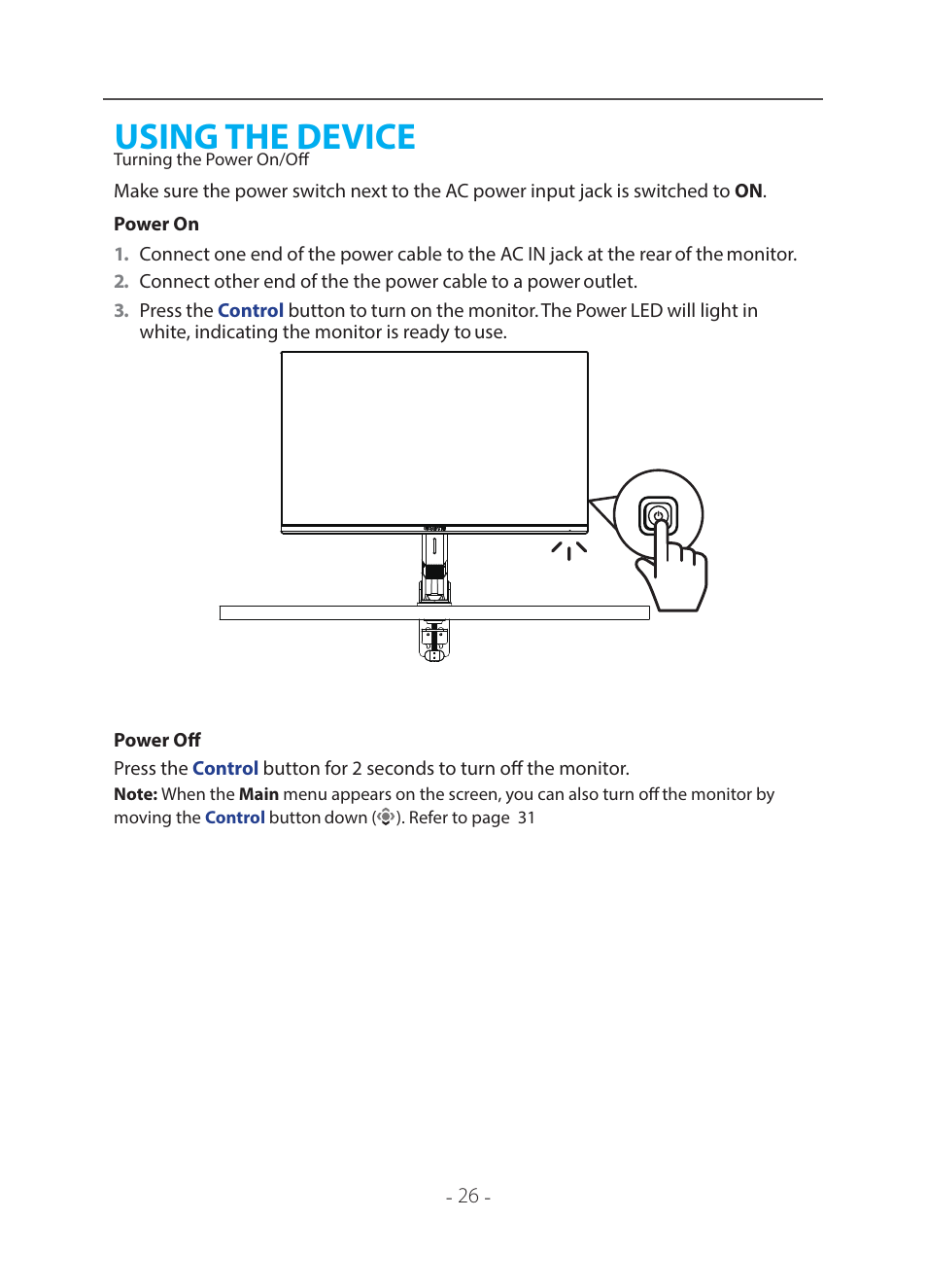 Using_the_device, Turning_the_power_on/off, Bookmark9 | Using the device, Turning the power on/off | GIGABYTE 31.5" M32U 4K HDR 144 Hz Arm Edition Gaming Monitor User Manual | Page 27 / 57