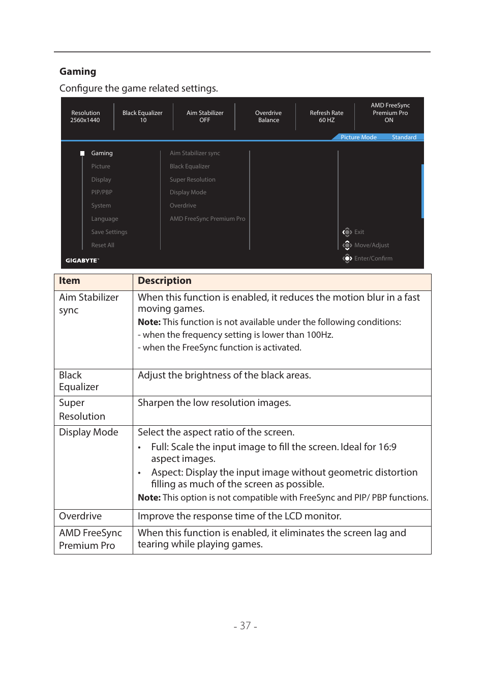 Gaming configure the game related settings | GIGABYTE 31.5" M32U 4K HDR 144 Hz Arm Edition Gaming Monitor User Manual | Page 38 / 57