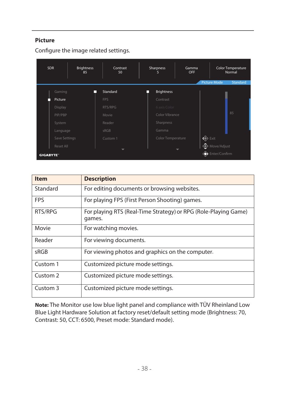 Bookmark17, Picture configure the image related settings | GIGABYTE 31.5" M32U 4K HDR 144 Hz Arm Edition Gaming Monitor User Manual | Page 39 / 57