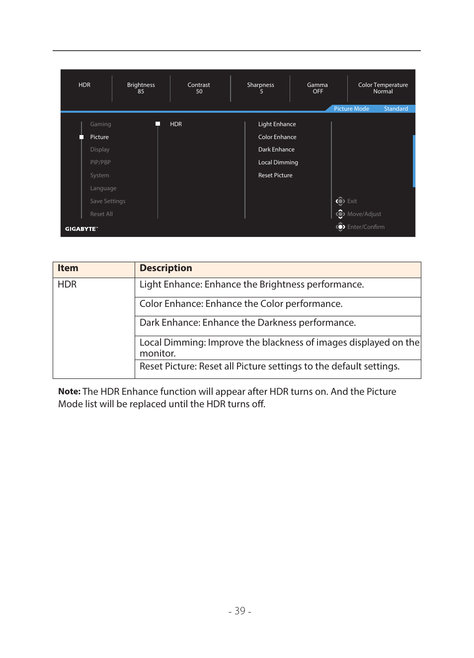 GIGABYTE 31.5" M32U 4K HDR 144 Hz Arm Edition Gaming Monitor User Manual | Page 40 / 57