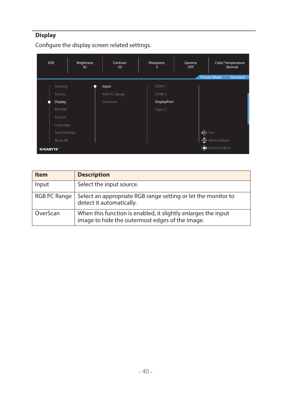 GIGABYTE 31.5" M32U 4K HDR 144 Hz Arm Edition Gaming Monitor User Manual | Page 41 / 57