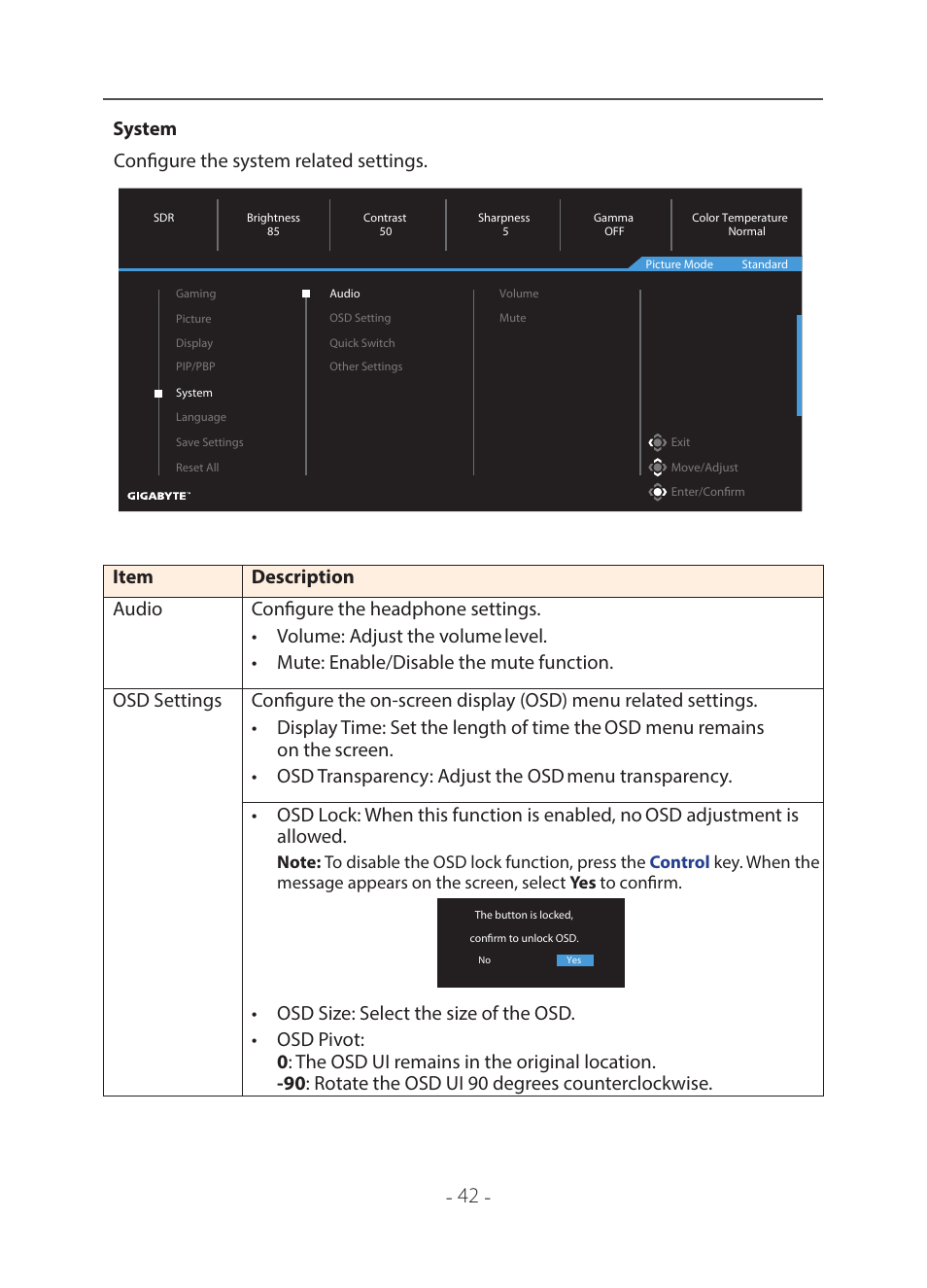 System configure the system related settings | GIGABYTE 31.5" M32U 4K HDR 144 Hz Arm Edition Gaming Monitor User Manual | Page 43 / 57