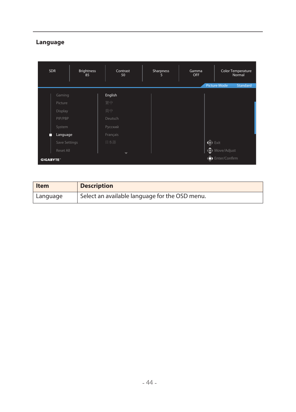 Language | GIGABYTE 31.5" M32U 4K HDR 144 Hz Arm Edition Gaming Monitor User Manual | Page 45 / 57