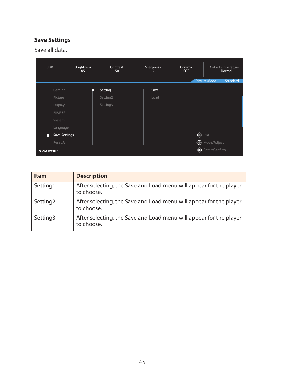 Save settings save all data | GIGABYTE 31.5" M32U 4K HDR 144 Hz Arm Edition Gaming Monitor User Manual | Page 46 / 57