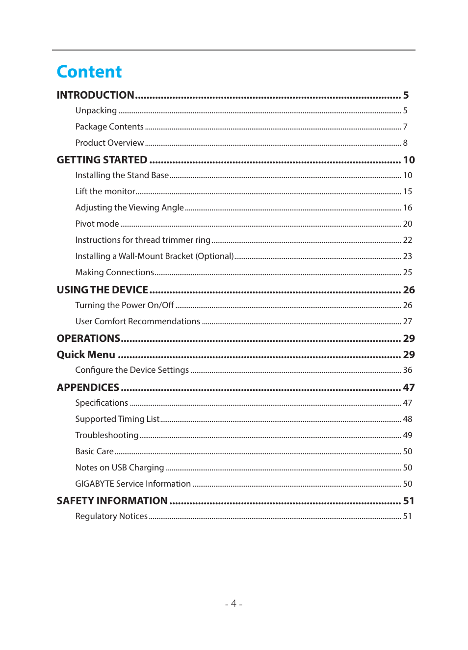 Content | GIGABYTE 31.5" M32U 4K HDR 144 Hz Arm Edition Gaming Monitor User Manual | Page 5 / 57