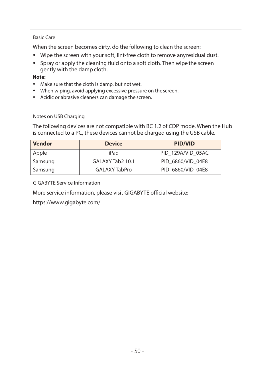 Basic_care, Notes_on_usb_charging, Gigabyte_service_information | Bookmark26, Basic care, Notes on usb charging, Gigabyte service information | GIGABYTE 31.5" M32U 4K HDR 144 Hz Arm Edition Gaming Monitor User Manual | Page 51 / 57