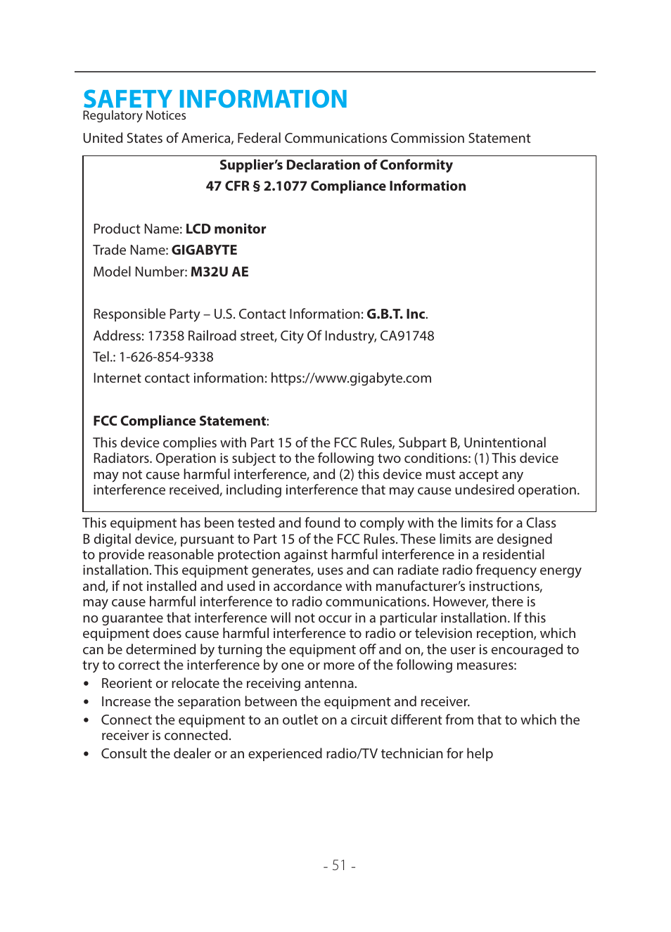 Safety information, Regulatory notices | GIGABYTE 31.5" M32U 4K HDR 144 Hz Arm Edition Gaming Monitor User Manual | Page 52 / 57