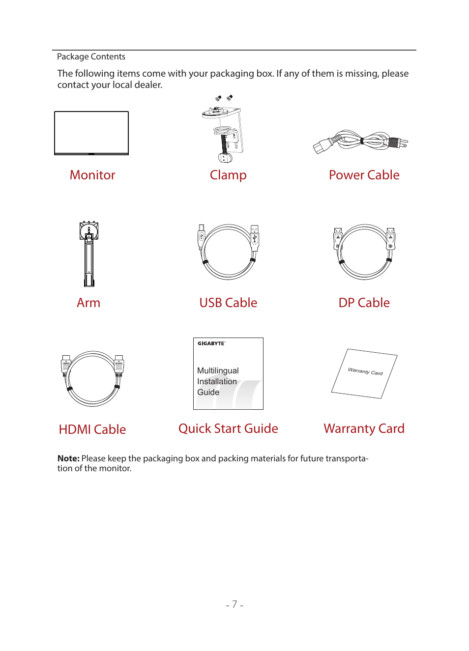 Package contents, Quick start guide warranty card | GIGABYTE 31.5" M32U 4K HDR 144 Hz Arm Edition Gaming Monitor User Manual | Page 8 / 57