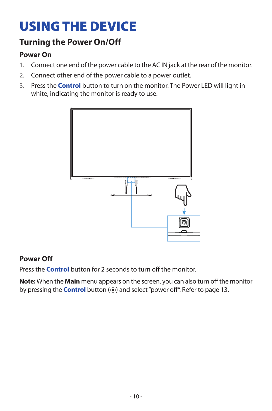 Using the device, Turning the power on/off | GIGABYTE GS27FC 27" 180 Hz Curved Gaming Monitor User Manual | Page 10 / 32