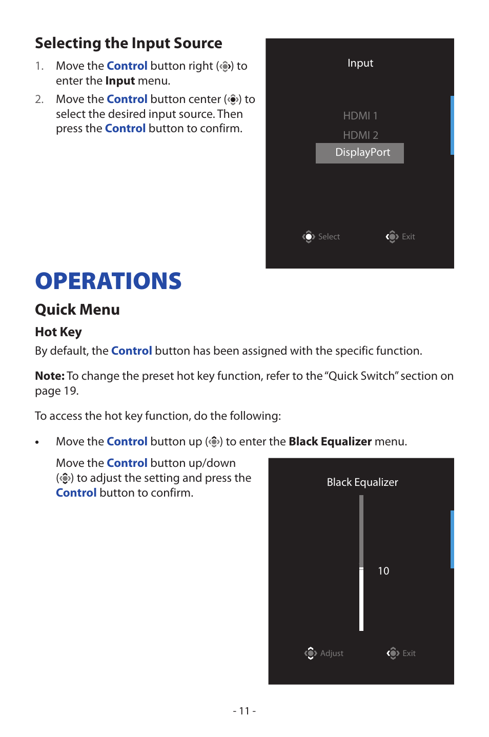 Selecting the input source, Operations, Quick menu | GIGABYTE GS27FC 27" 180 Hz Curved Gaming Monitor User Manual | Page 11 / 32