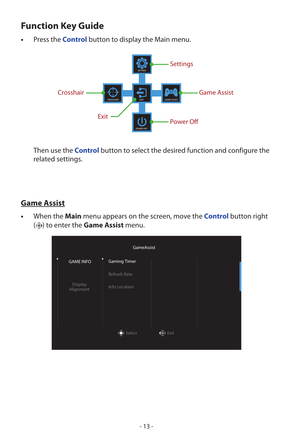 Function key guide, Game assist, Press the control button to display the main menu | Game assist power off settings crosshair exit | GIGABYTE GS27FC 27" 180 Hz Curved Gaming Monitor User Manual | Page 13 / 32