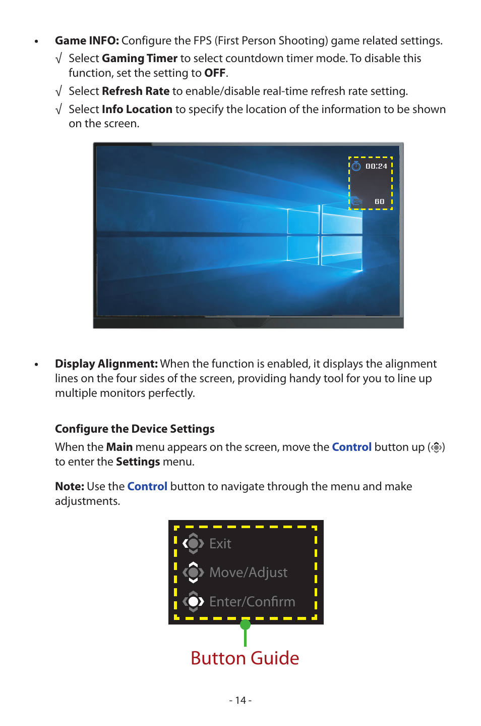 Button guide | GIGABYTE GS27FC 27" 180 Hz Curved Gaming Monitor User Manual | Page 14 / 32