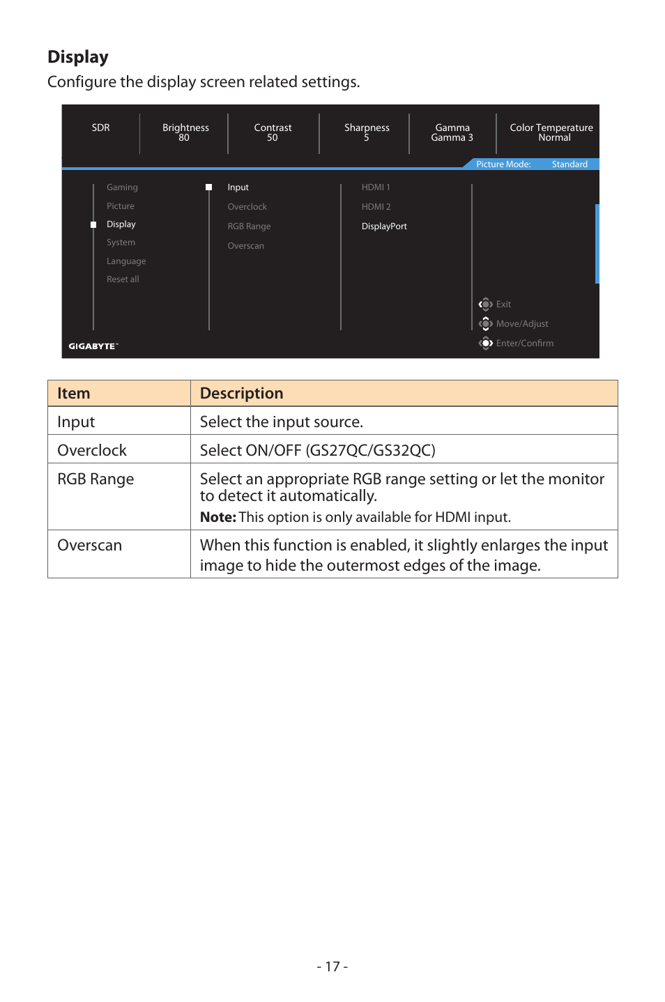 Display | GIGABYTE GS27FC 27" 180 Hz Curved Gaming Monitor User Manual | Page 17 / 32