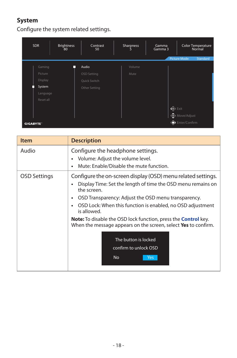 System | GIGABYTE GS27FC 27" 180 Hz Curved Gaming Monitor User Manual | Page 18 / 32