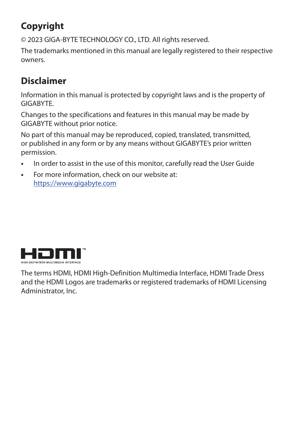 Copyright, Disclaimer | GIGABYTE GS27FC 27" 180 Hz Curved Gaming Monitor User Manual | Page 2 / 32