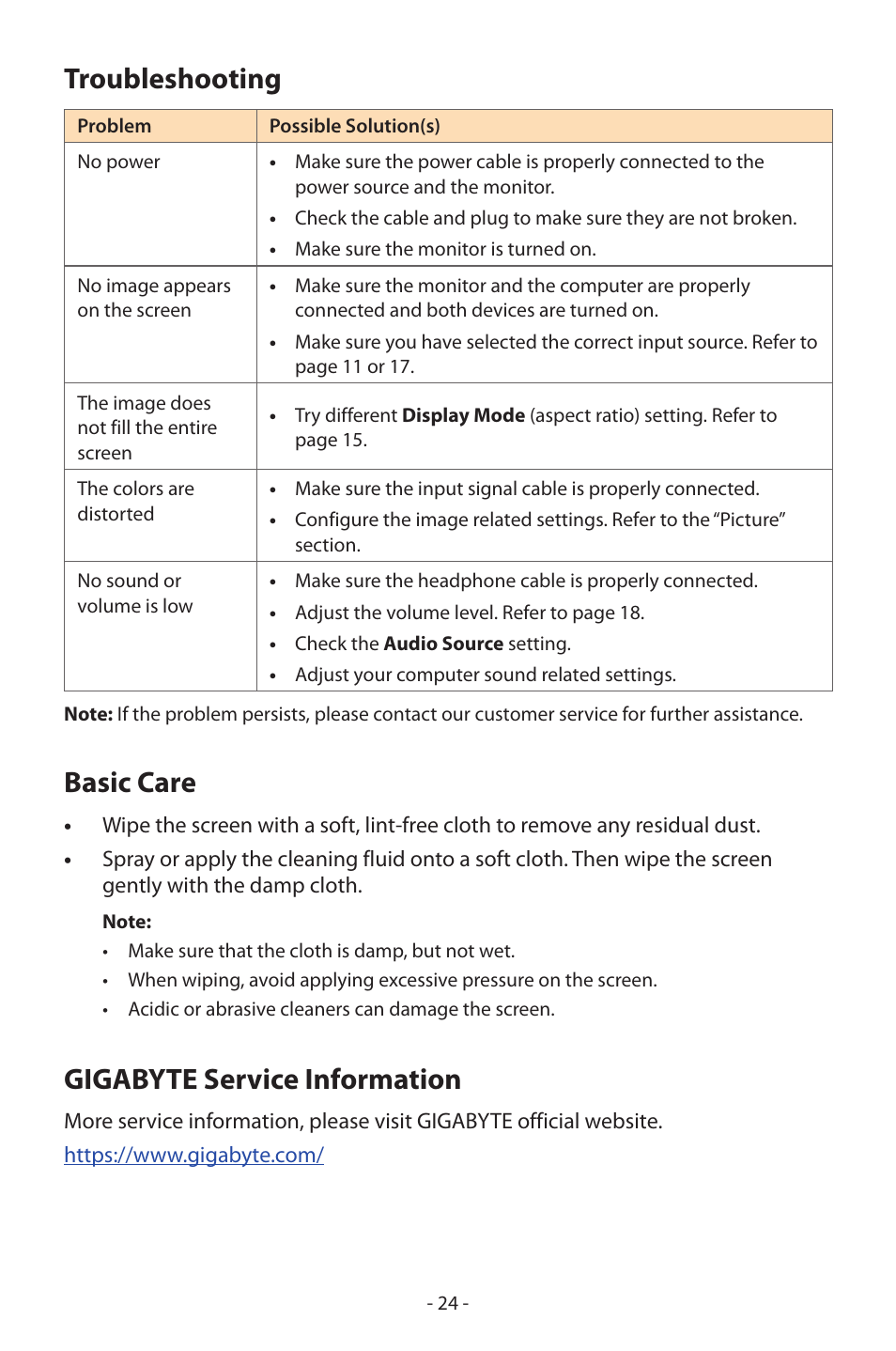 Troubleshooting, Basic care, Gigabyte service information | Troubleshooting basic care | GIGABYTE GS27FC 27" 180 Hz Curved Gaming Monitor User Manual | Page 24 / 32