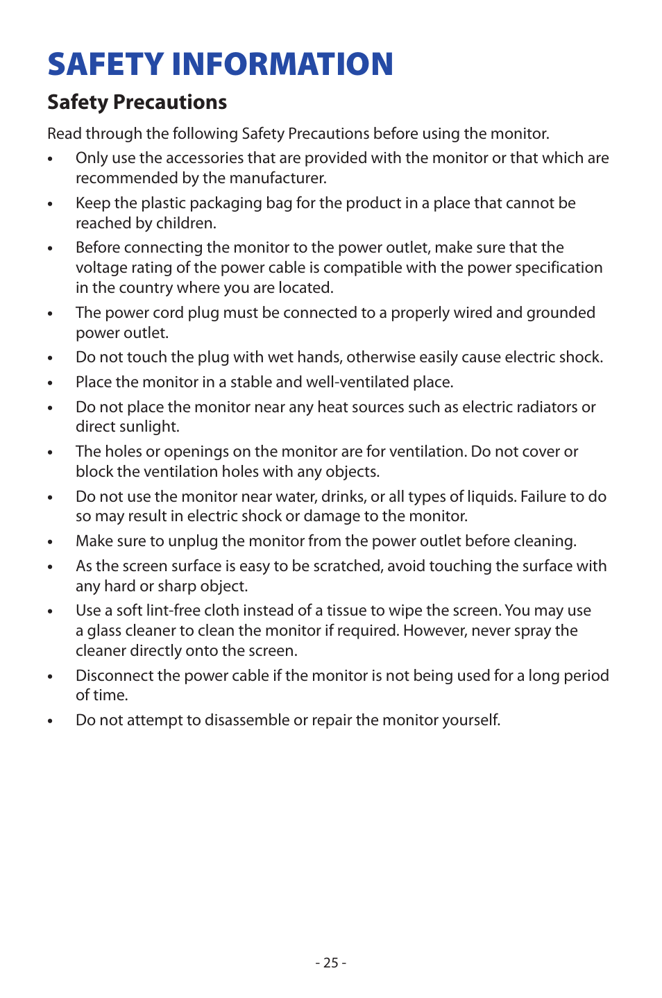 Safety information, Safety precautions | GIGABYTE GS27FC 27" 180 Hz Curved Gaming Monitor User Manual | Page 25 / 32