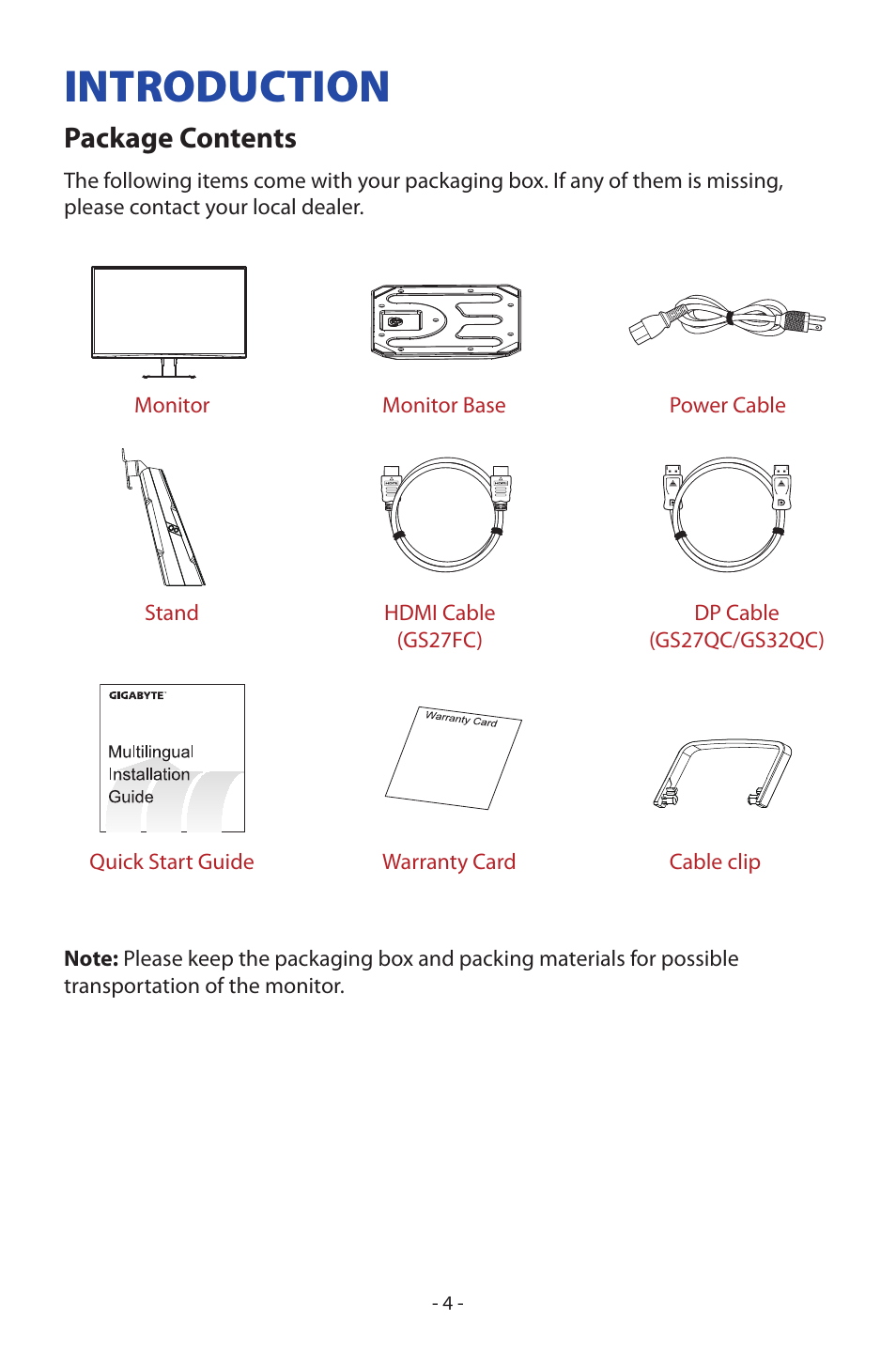 Introduction, Package contents | GIGABYTE GS27FC 27" 180 Hz Curved Gaming Monitor User Manual | Page 4 / 32
