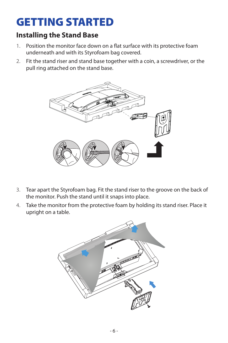 Getting started, Installing the stand base | GIGABYTE GS27FC 27" 180 Hz Curved Gaming Monitor User Manual | Page 6 / 32