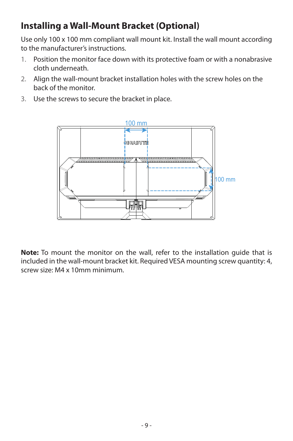 Installing a wall-mount bracket (optional) | GIGABYTE GS27FC 27" 180 Hz Curved Gaming Monitor User Manual | Page 9 / 32