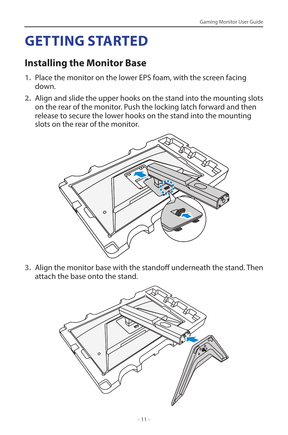 Getting started, Installing the monitor base | GIGABYTE G27F 2 27" 170 Hz Gaming Monitor User Manual | Page 11 / 44
