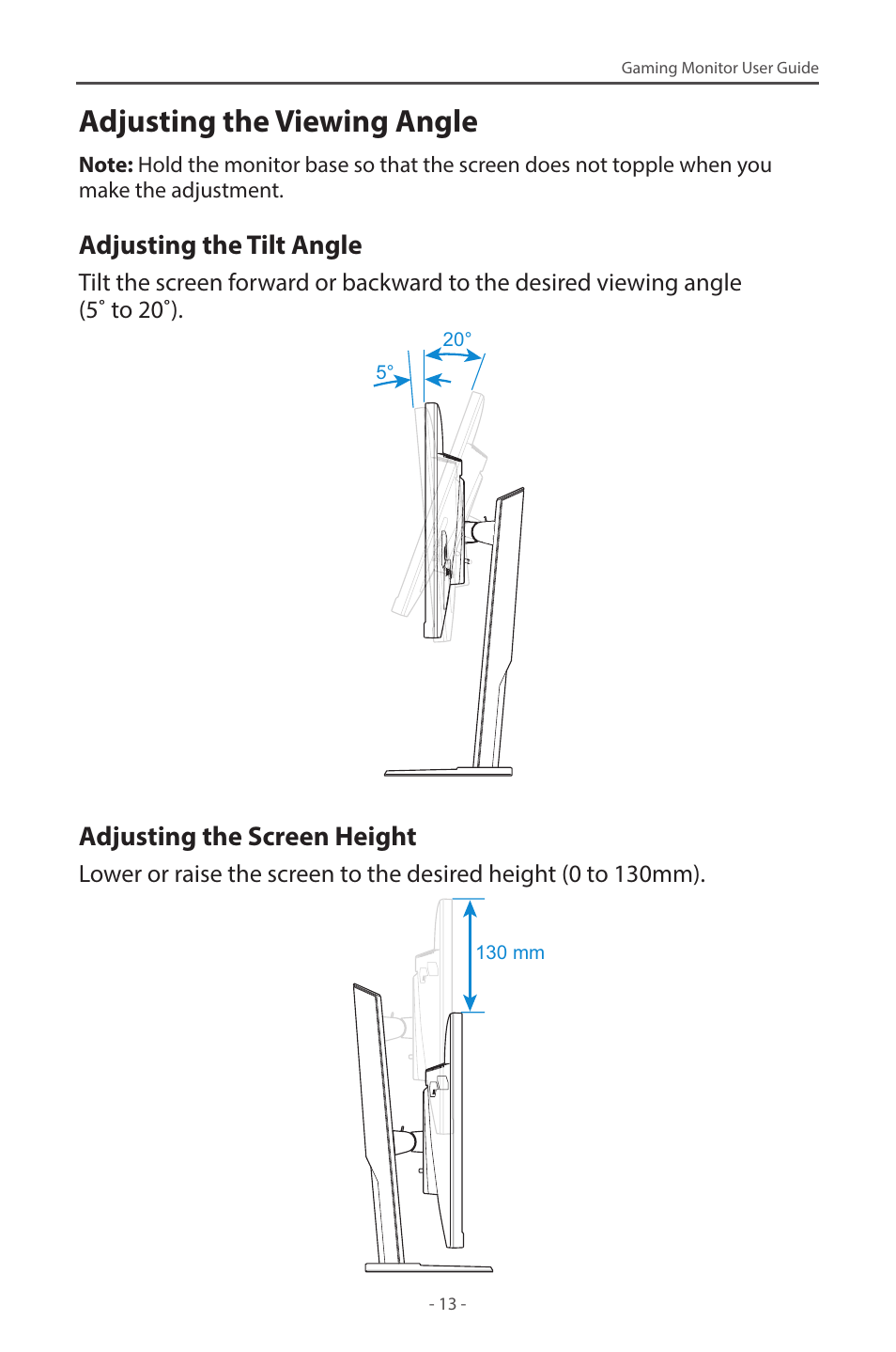 Adjusting the viewing angle, Adjusting the tilt angle, Adjusting the screen height | GIGABYTE G27F 2 27" 170 Hz Gaming Monitor User Manual | Page 13 / 44