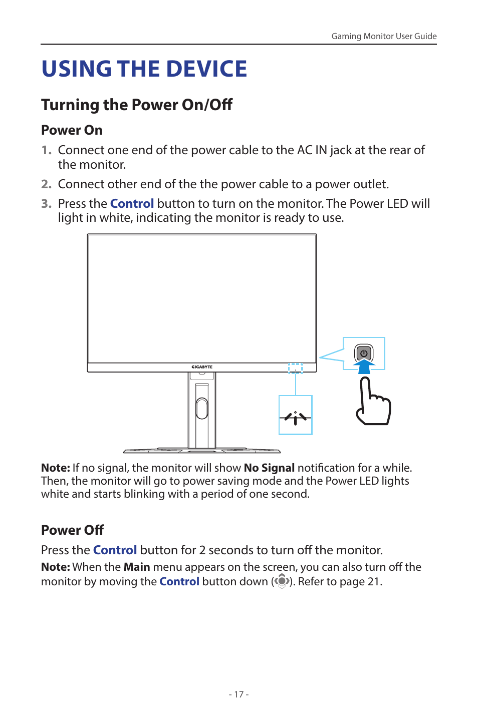 Using the device, Turning the power on/off | GIGABYTE G27F 2 27" 170 Hz Gaming Monitor User Manual | Page 17 / 44