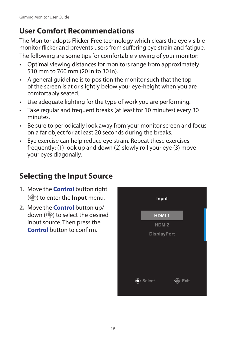 User comfort recommendations, Selecting the input source | GIGABYTE G27F 2 27" 170 Hz Gaming Monitor User Manual | Page 18 / 44