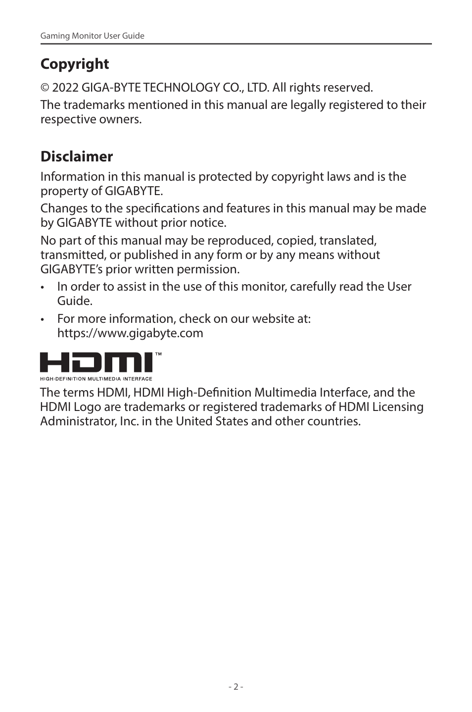 Copyright, Disclaimer | GIGABYTE G27F 2 27" 170 Hz Gaming Monitor User Manual | Page 2 / 44