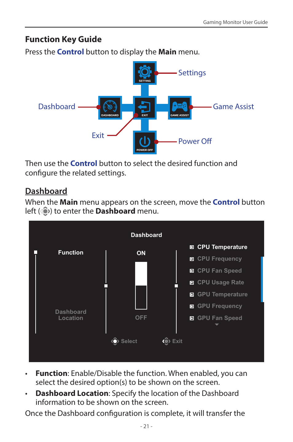 Function key guide, Dashboard | GIGABYTE G27F 2 27" 170 Hz Gaming Monitor User Manual | Page 21 / 44