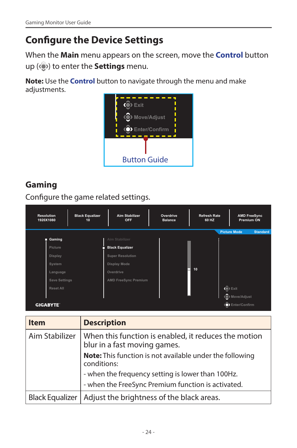 Configure the device settings, Gaming, Button guide | Configure the game related settings | GIGABYTE G27F 2 27" 170 Hz Gaming Monitor User Manual | Page 24 / 44