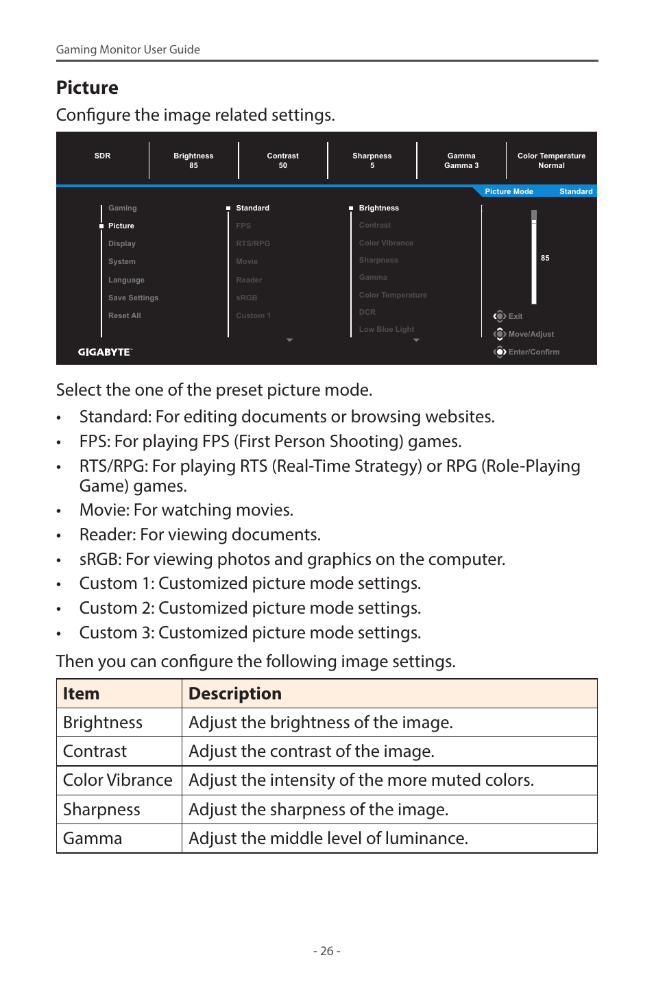 Picture, Configure the image related settings | GIGABYTE G27F 2 27" 170 Hz Gaming Monitor User Manual | Page 26 / 44