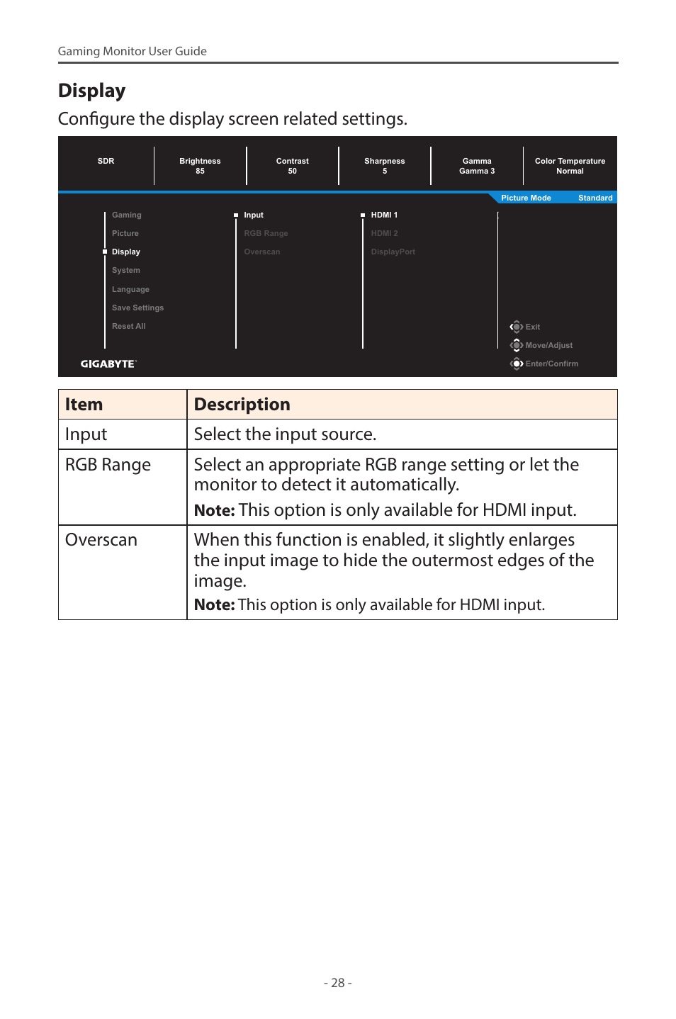 Display, Configure the display screen related settings | GIGABYTE G27F 2 27" 170 Hz Gaming Monitor User Manual | Page 28 / 44