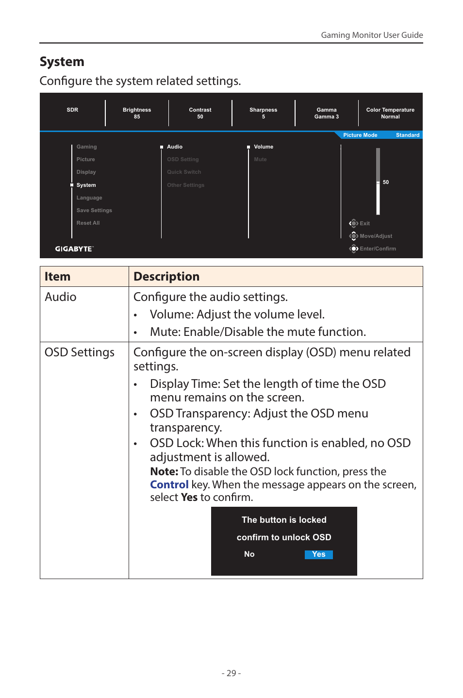 System, Configure the system related settings | GIGABYTE G27F 2 27" 170 Hz Gaming Monitor User Manual | Page 29 / 44
