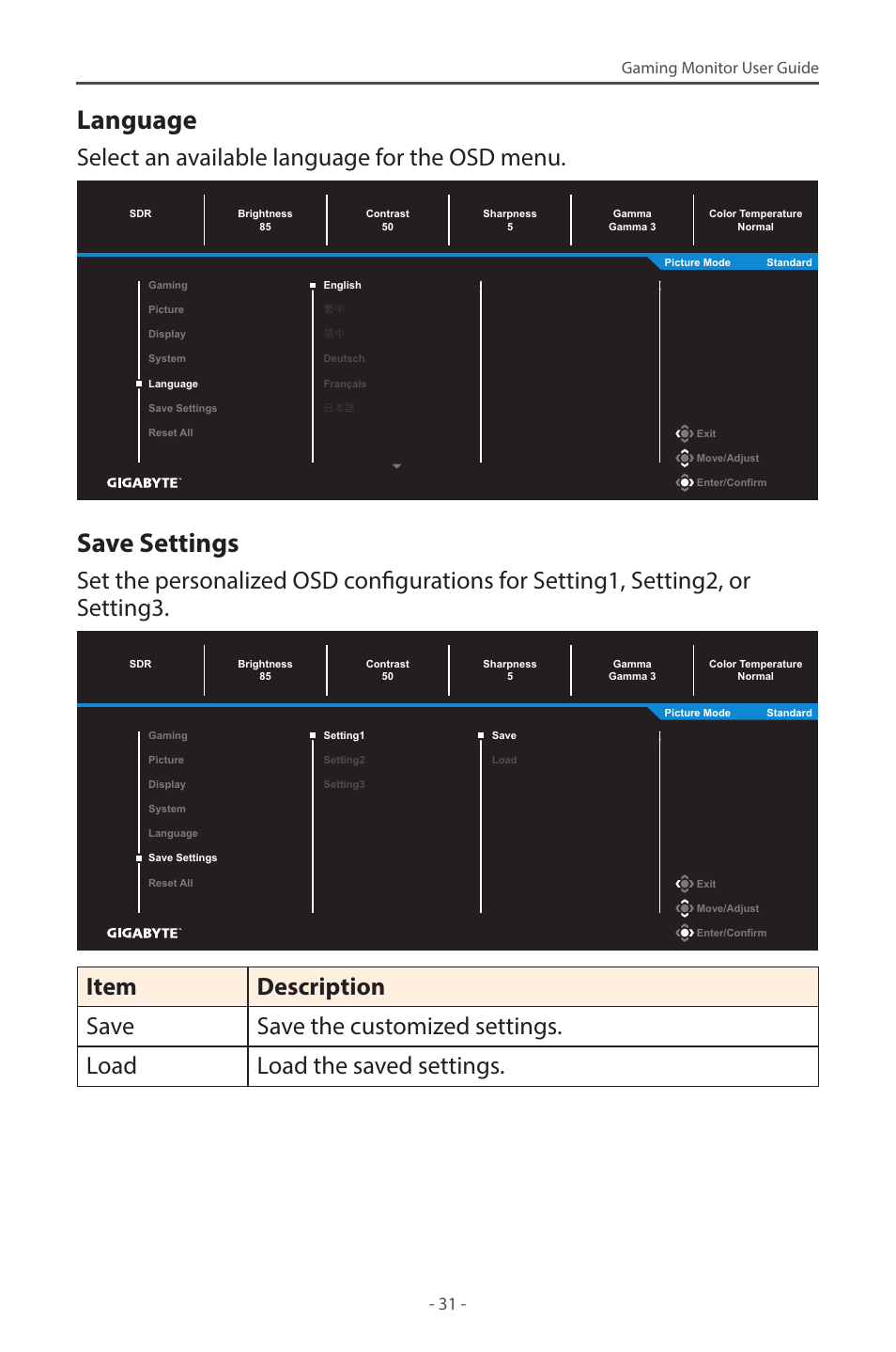 Language, Save settings, Select an available language for the osd menu | Gaming monitor user guide | GIGABYTE G27F 2 27" 170 Hz Gaming Monitor User Manual | Page 31 / 44
