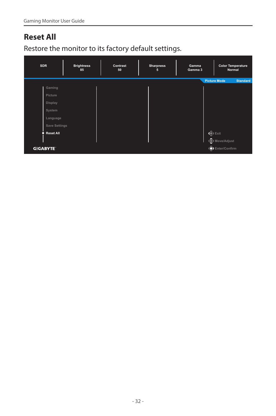 Reset all, Gaming monitor user guide | GIGABYTE G27F 2 27" 170 Hz Gaming Monitor User Manual | Page 32 / 44