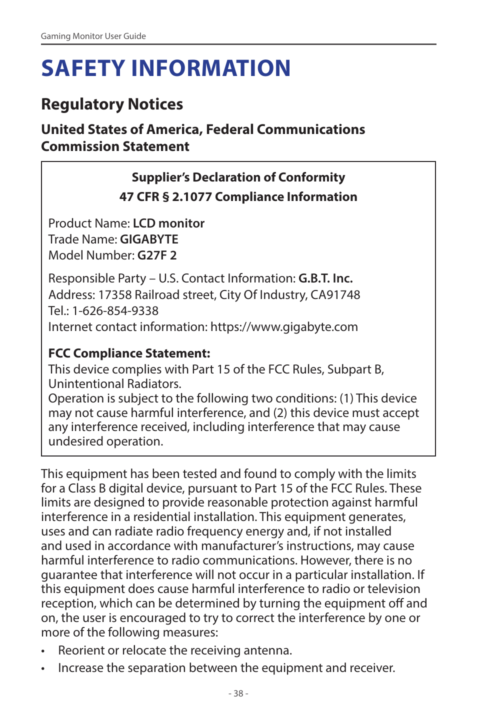 Safety information, Regulatory notices | GIGABYTE G27F 2 27" 170 Hz Gaming Monitor User Manual | Page 38 / 44