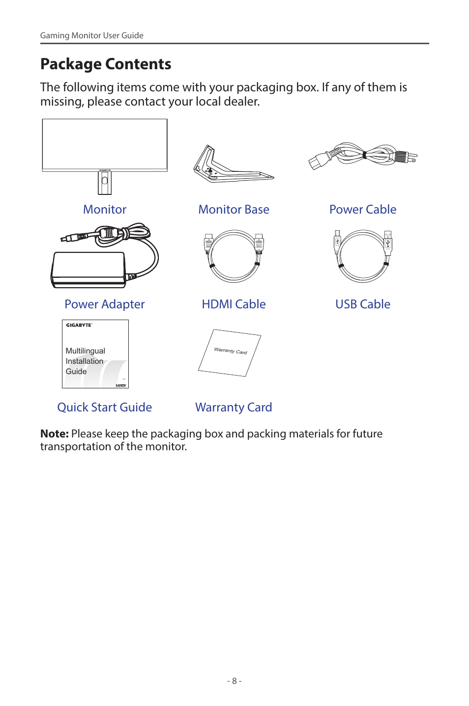 Package contents | GIGABYTE G27F 2 27" 170 Hz Gaming Monitor User Manual | Page 8 / 44