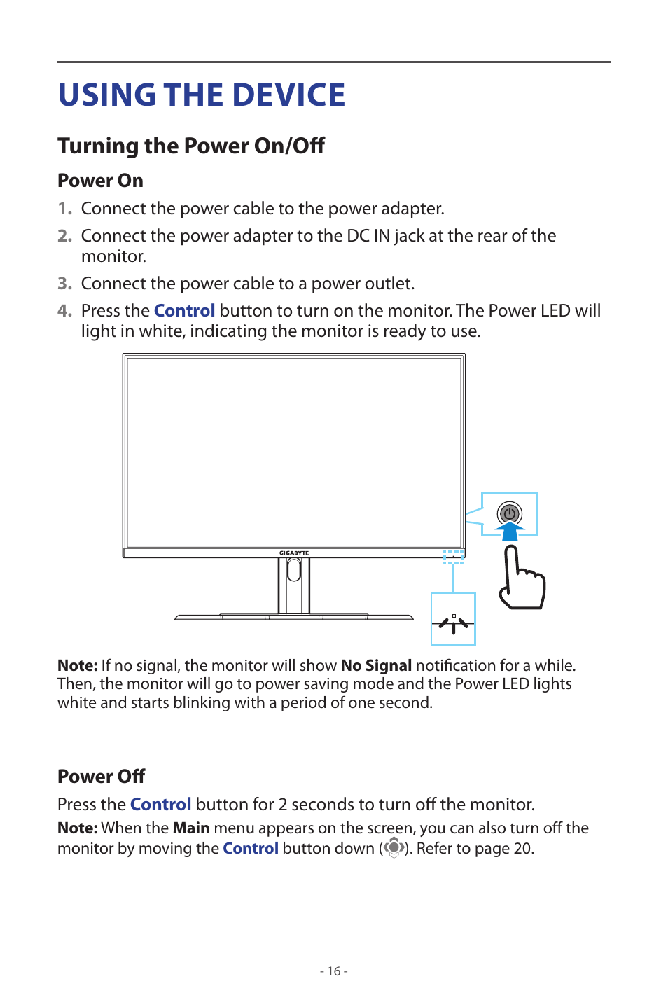 Using the device, Turning the power on/off | GIGABYTE M32UC 31.5" 4K HDR 144 Hz Curved Gaming Monitor User Manual | Page 16 / 48