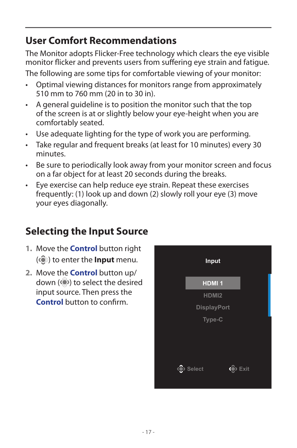 User comfort recommendations, Selecting the input source | GIGABYTE M32UC 31.5" 4K HDR 144 Hz Curved Gaming Monitor User Manual | Page 17 / 48