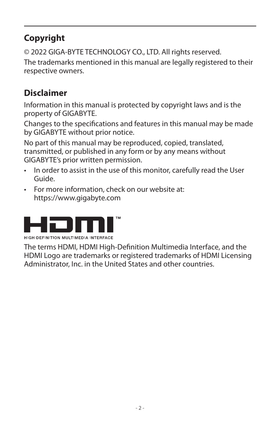Copyright, Disclaimer | GIGABYTE M32UC 31.5" 4K HDR 144 Hz Curved Gaming Monitor User Manual | Page 2 / 48
