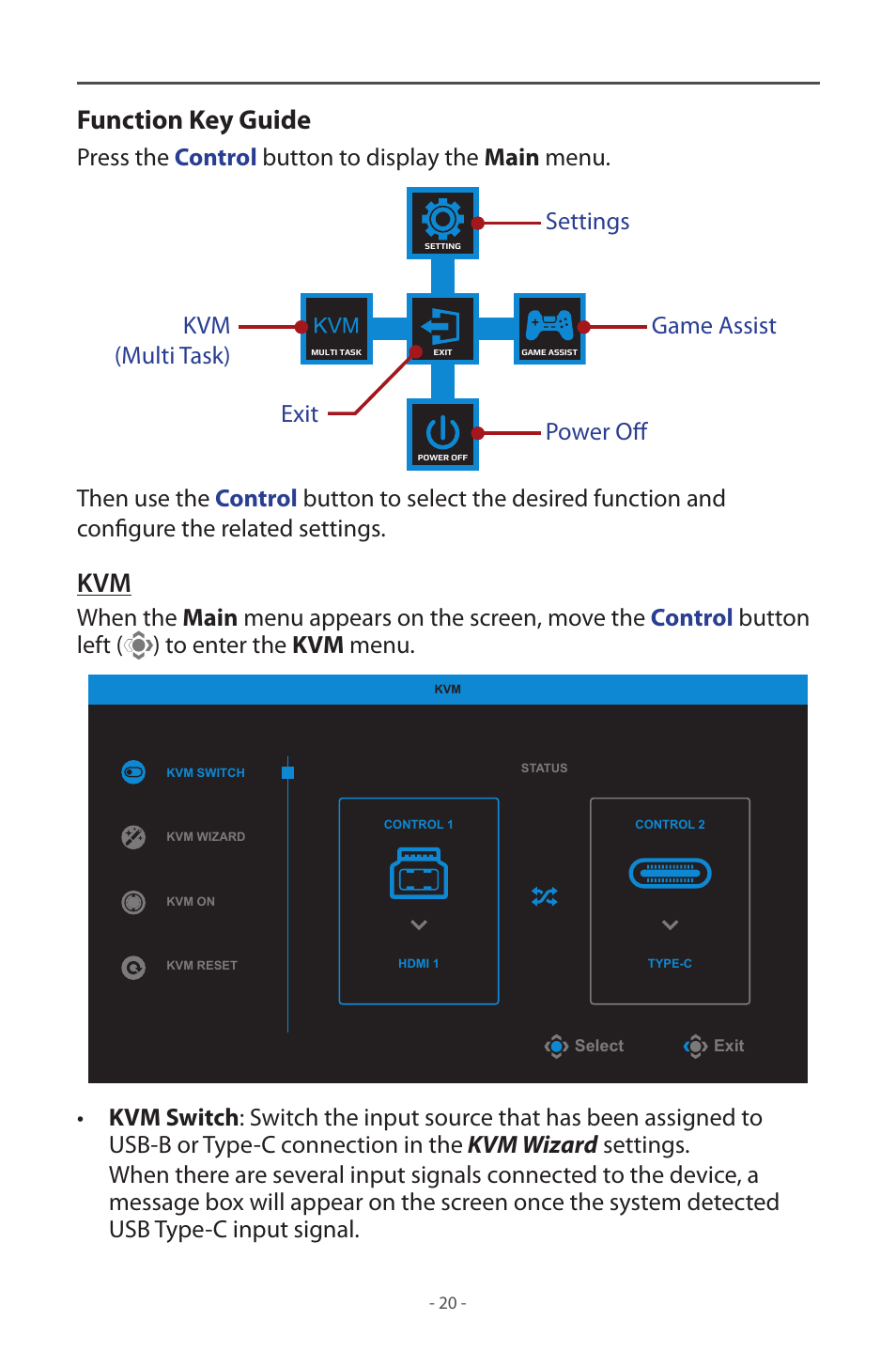 Function key guide, Press the control button to display the main menu | GIGABYTE M32UC 31.5" 4K HDR 144 Hz Curved Gaming Monitor User Manual | Page 20 / 48