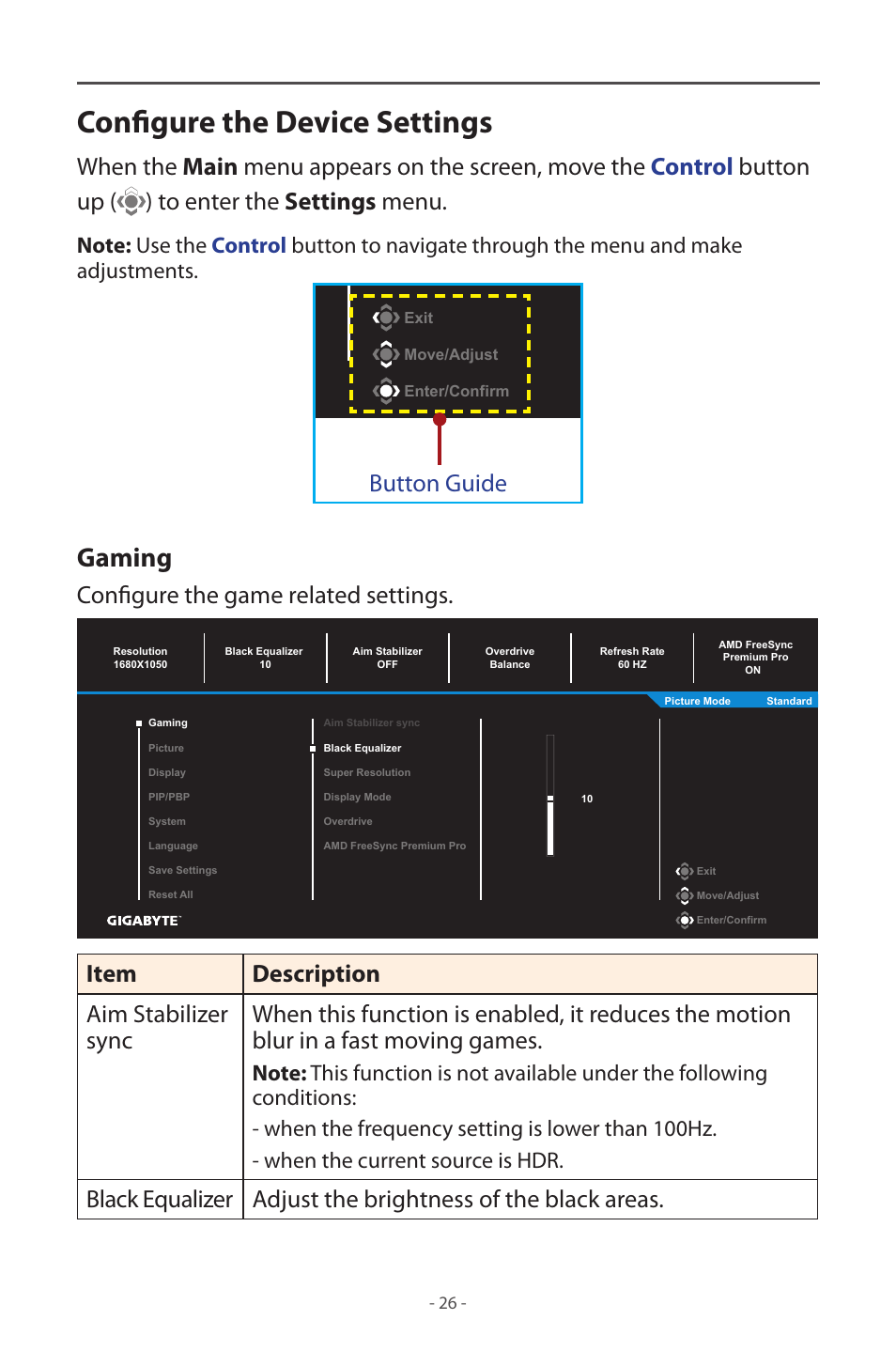 Configure the device settings, Gaming, Button guide | Configure the game related settings | GIGABYTE M32UC 31.5" 4K HDR 144 Hz Curved Gaming Monitor User Manual | Page 26 / 48