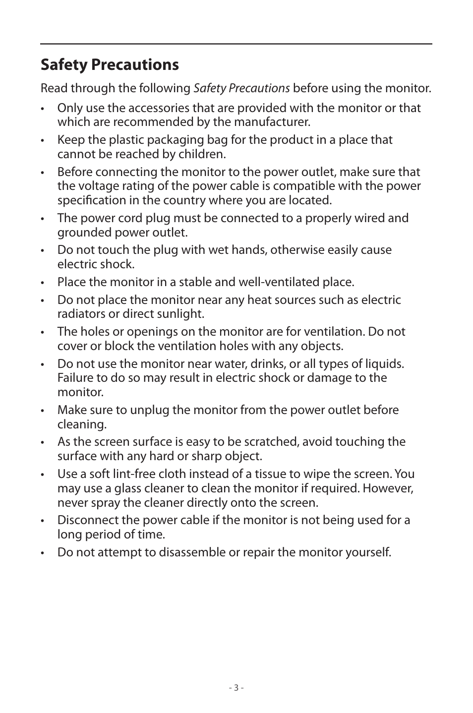 Safety precautions | GIGABYTE M32UC 31.5" 4K HDR 144 Hz Curved Gaming Monitor User Manual | Page 3 / 48