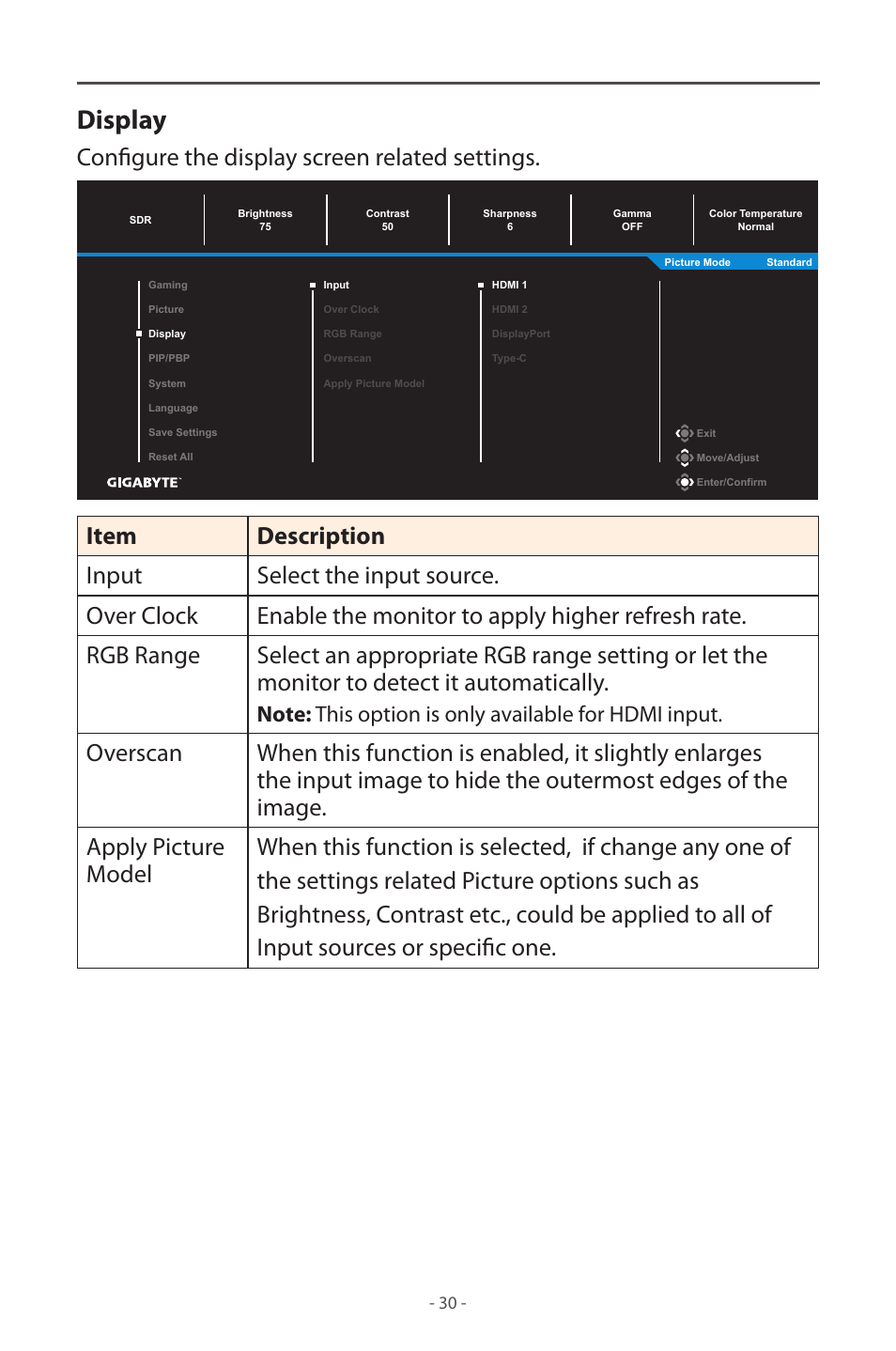 Display, Configure the display screen related settings | GIGABYTE M32UC 31.5" 4K HDR 144 Hz Curved Gaming Monitor User Manual | Page 30 / 48